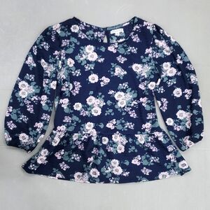 Ophelia Roe peplum top women's size medium blue pink floral puffed 3/4 sleeve